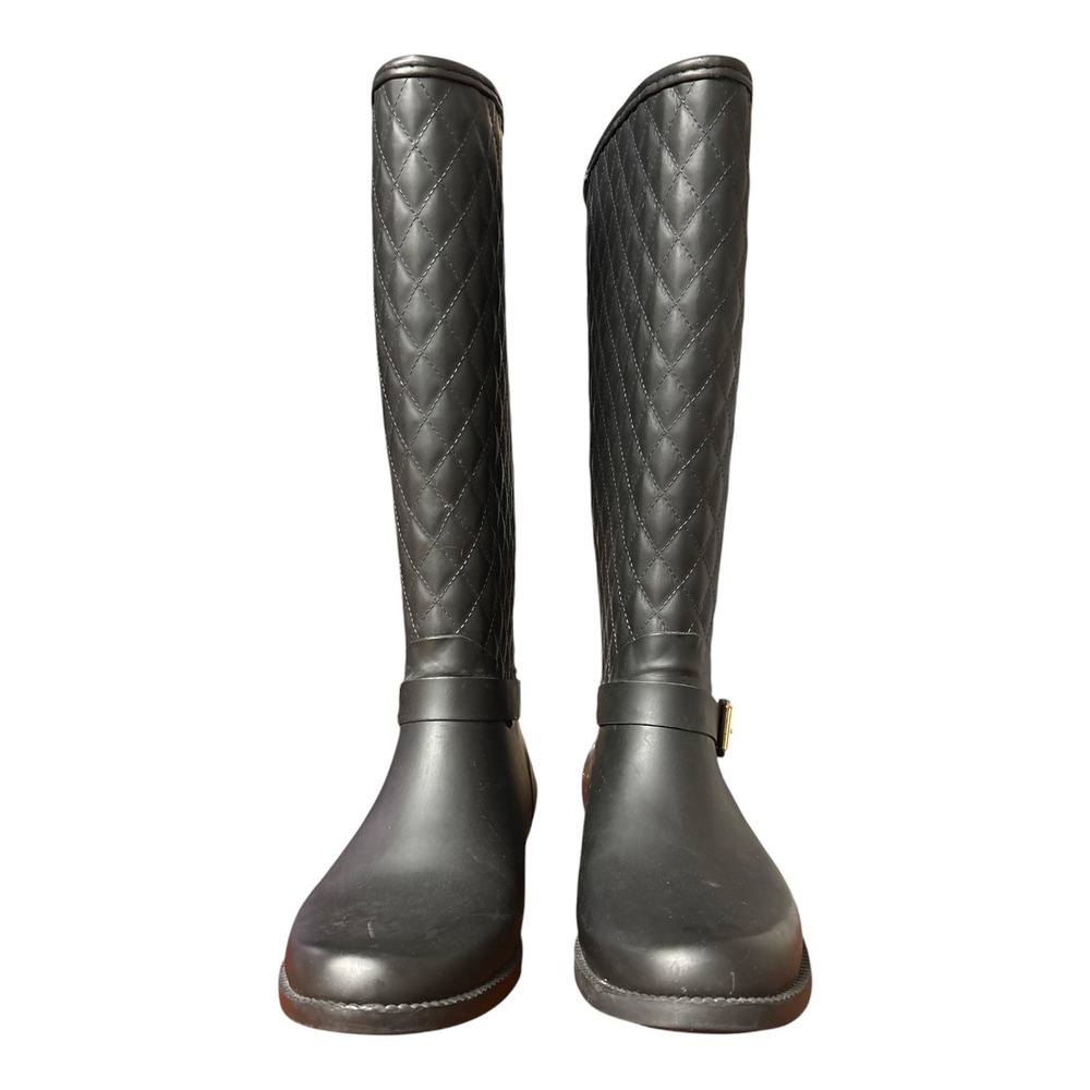 Guess Womens Black Quilted Tall Rain Boots Matte Waterproof Gold Buckle‎ Size 8